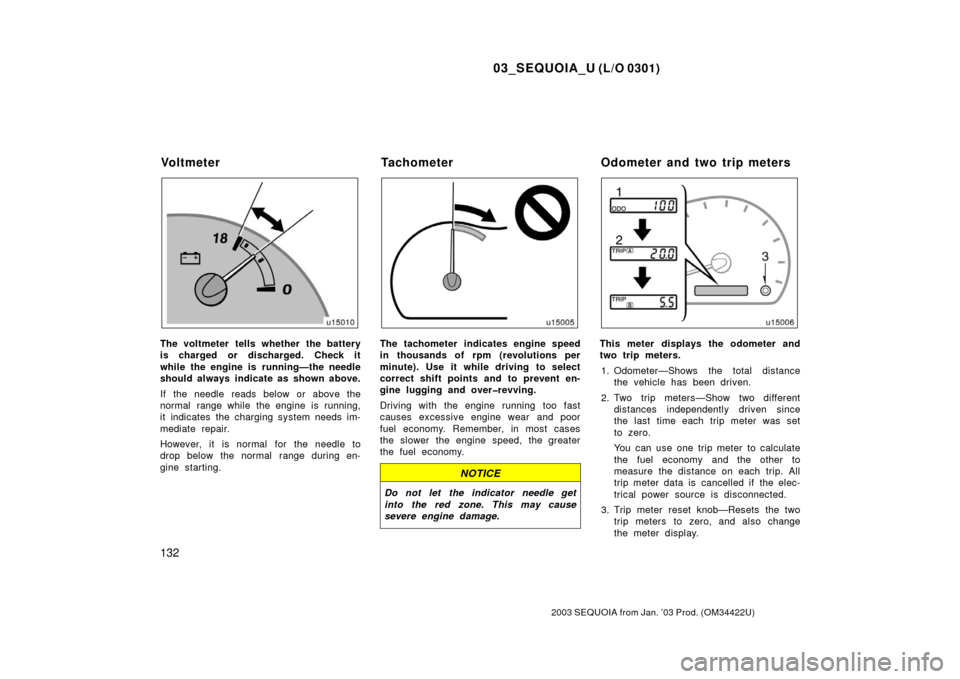 TOYOTA SEQUOIA 2003 1.G Owners Manual 03_SEQUOIA_U (L/O 0301)
132
2003 SEQUOIA from Jan. ’03 Prod. (OM34422U)
The voltmeter tells whether the battery
is charged or discharged. Check it
while the engine is running—the needle
should alw