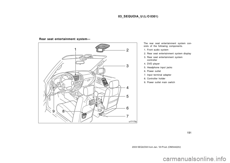 TOYOTA SEQUOIA 2003 1.G Owners Manual 03_SEQUOIA_U (L/O 0301)
191
2003 SEQUOIA from Jan. ’03 Prod. (OM34422U)
The rear seat entertainment system con-
sists of the following components.1. Front audio system
2. Rear seat entertainment sys