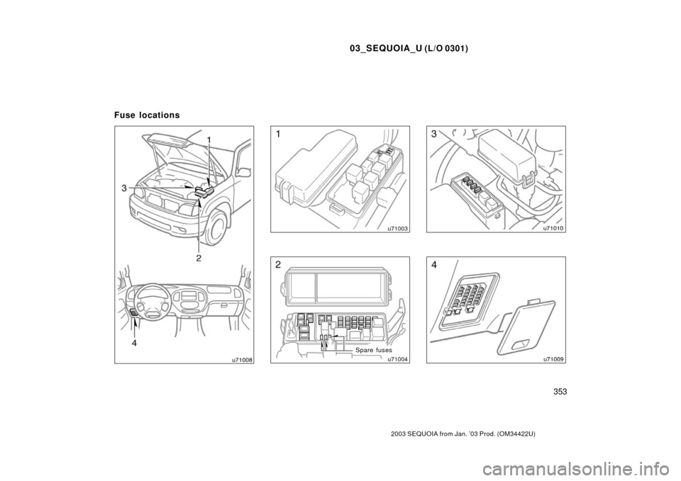 TOYOTA SEQUOIA 2003 1.G Owners Manual 03_SEQUOIA_U (L/O 0301)
353
2003 SEQUOIA from Jan. ’03 Prod. (OM34422U)
Spare fuses
Fuse locations 