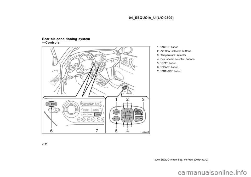 TOYOTA SEQUOIA 2004 1.G User Guide 04_SEQUOIA_U (L/O 0309)
252
2004 SEQUOIA from Sep. ’03 Prod. (OM34423U)
1. “AUTO” button
2. Air flow selector buttons
3. Temperature selector
4. Fan speed selector buttons
5. “OFF” button
6.