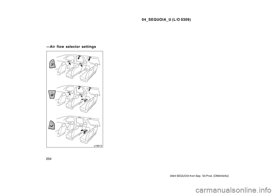 TOYOTA SEQUOIA 2004 1.G Owners Manual 04_SEQUOIA_U (L/O 0309)
254
2004 SEQUOIA from Sep. ’03 Prod. (OM34423U)
—Air flow selector settings TOYOTA SEQUOIA 2004 1.G Owners Manual 04_SEQUOIA_U (L/O 0309)
254
2004 SEQUOIA from Sep. ’03 Prod. (OM34423U)
—Air flow selector settings