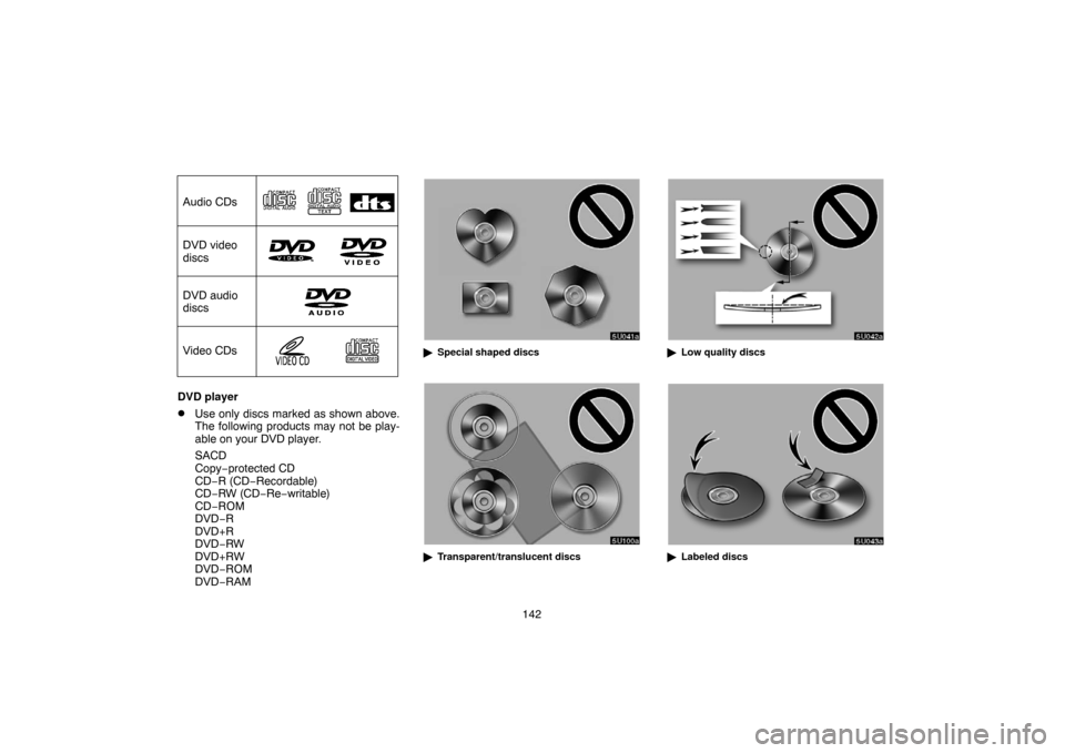 TOYOTA SEQUOIA 2005 1.G Navigation Manual 142
Audio CDs
DVD video
discs
Video CDs
DVD audio
discs
DVD player
Use only discs marked as shown above.
The following products may not be play-
able on your DVD player.
SACD
Copy−protected CD
CD
