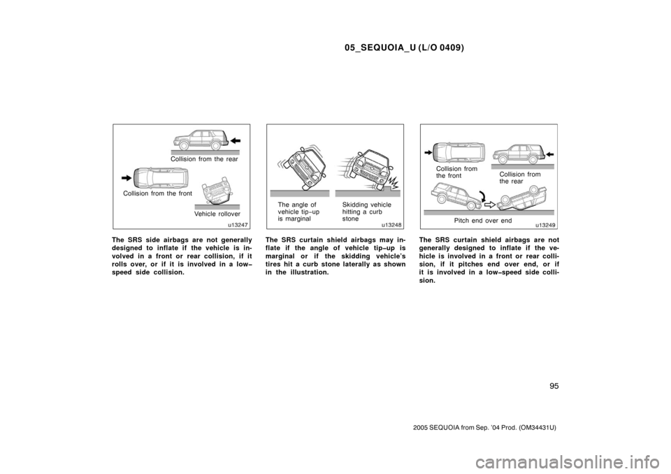 TOYOTA SEQUOIA 2005 1.G Owners Manual 05_SEQUOIA_U (L/O 0409)
95
2005 SEQUOIA from Sep. ’04 Prod. (OM34431U)
Collision from the rear
Collision from the front Vehicle rollover
The SRS side airbags are not generally
designed to inflate if