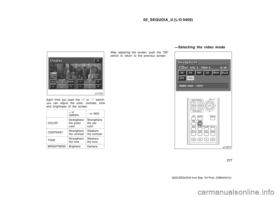 TOYOTA SEQUOIA 2005 1.G Owners Manual 05_SEQUOIA_U (L/O 0409)
277
2005 SEQUOIA from Sep. ’04 Prod. (OM34431U)
Each time you push the “+” or “−” switch,
you can adjust the color, contrast, tone
and brightness of the screen.
+ o