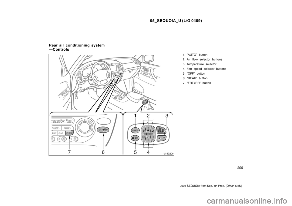 TOYOTA SEQUOIA 2005 1.G User Guide 05_SEQUOIA_U (L/O 0409)
299
2005 SEQUOIA from Sep. ’04 Prod. (OM34431U)
1. “AUTO” button
2. Air flow selector buttons
3. Temperature selector
4. Fan speed selector buttons
5. “OFF” button
6. TOYOTA SEQUOIA 2005 1.G User Guide 05_SEQUOIA_U (L/O 0409)
299
2005 SEQUOIA from Sep. ’04 Prod. (OM34431U)
1. “AUTO” button
2. Air flow selector buttons
3. Temperature selector
4. Fan speed selector buttons
5. “OFF” button
6.