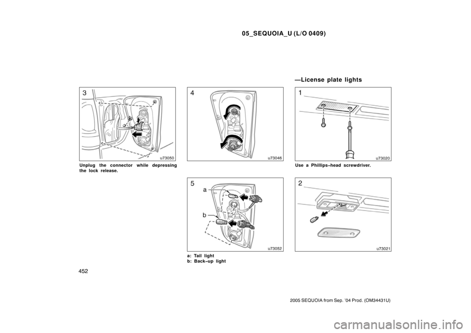 TOYOTA SEQUOIA 2005 1.G Owners Manual 05_SEQUOIA_U (L/O 0409)
452
2005 SEQUOIA from Sep. ’04 Prod. (OM34431U)
Unplug the connector while depressing
the lock release.
a: Tail light
b: Back�up light
Use a Phillips�head screwdriver.
—Lic