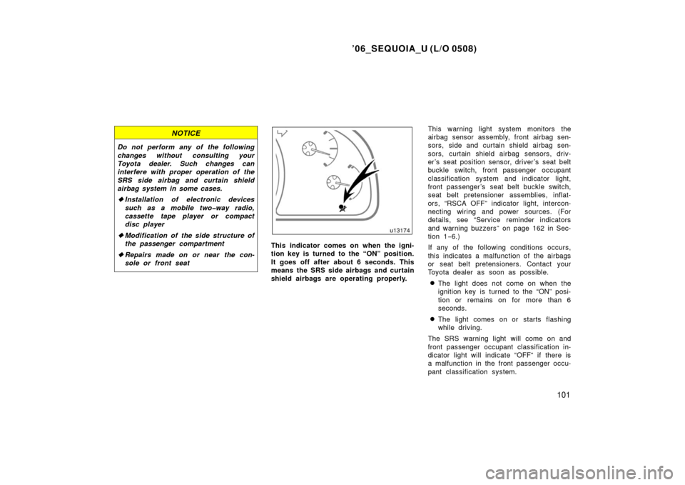 TOYOTA SEQUOIA 2006 1.G User Guide ’06_SEQUOIA_U (L/O 0508)
101
NOTICE
Do not perform any of the following
changes without consulting your
Toyota dealer. Such changes can
interfere with proper operation of the
SRS side airbag and cur