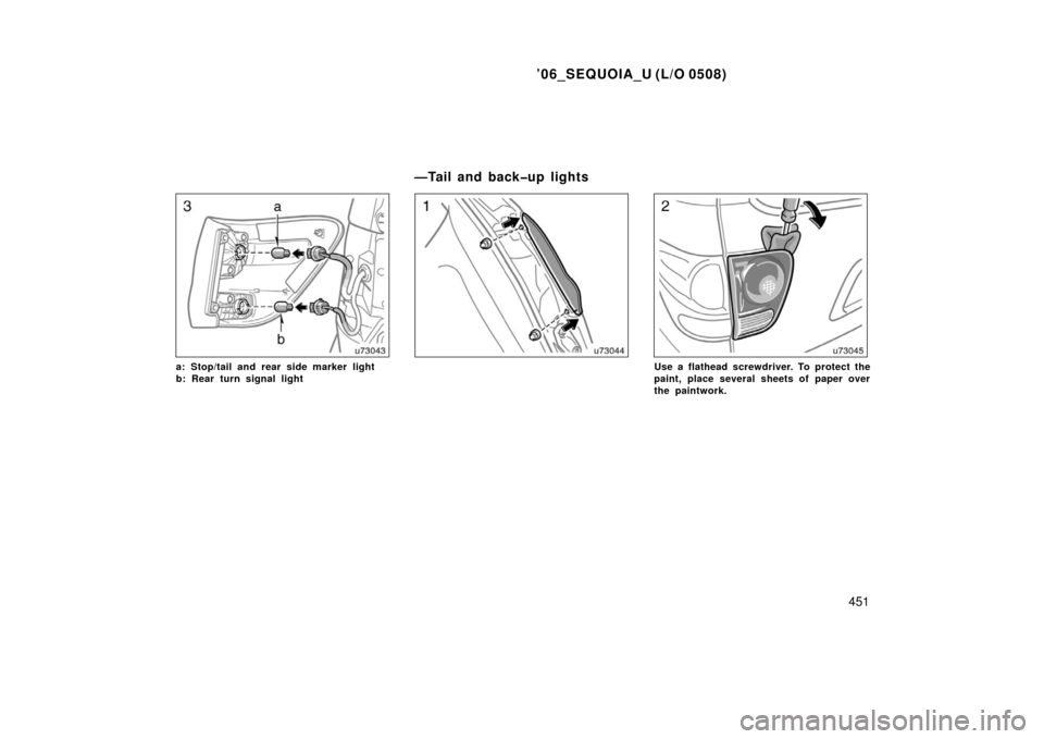 TOYOTA SEQUOIA 2006 1.G Owners Manual ’06_SEQUOIA_U (L/O 0508)
451
a: Stop/tail and rear side marker light
b: Rear turn signal lightUse a flathead screwdriver. To protect the
paint, place several sheets of paper over
the paintwork.
—T