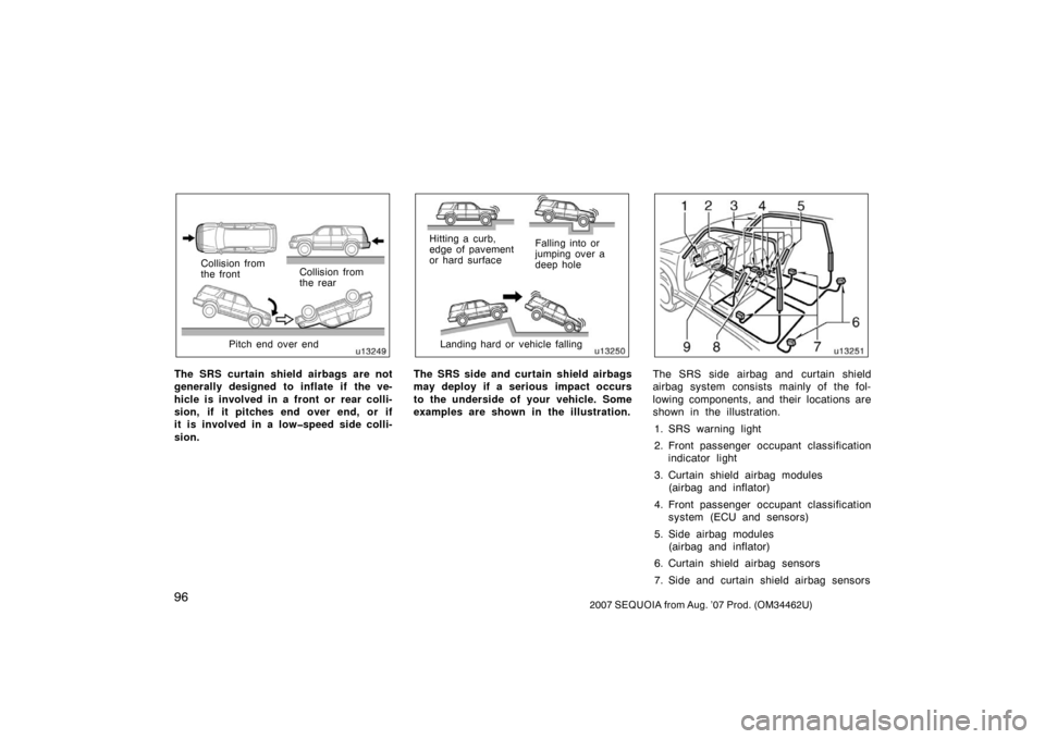 TOYOTA SEQUOIA 2007 1.G User Guide 962007 SEQUOIA from Aug. ’07 Prod. (OM34462U)
u13249
Collision from
the frontCollision from
the rear
Pitch end over end
The SRS curtain shield airbags are not
generally designed to inflate if the ve