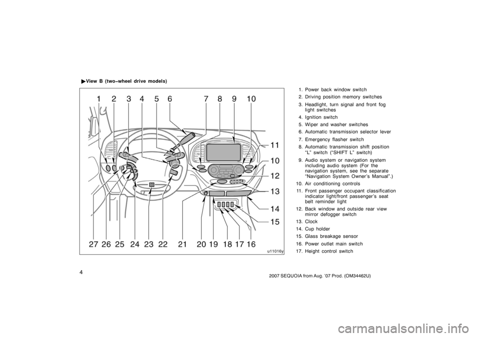 TOYOTA SEQUOIA 2007 1.G User Guide 42007 SEQUOIA from Aug. ’07 Prod. (OM34462U)
1. Power back window switch
2. Driving position memory  switches
3. Headlight, turn signal and front foglight switches
4. Ignition switch
5. Wiper and wa