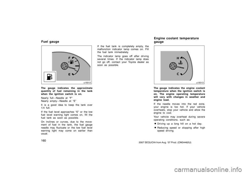 TOYOTA SEQUOIA 2007 1.G Owners Manual 1602007 SEQUOIA from Aug. ’07 Prod. (OM34462U)
u15012
The gauge indicates the approximate
quantity of fuel remaining in the tank
when the ignition switch is on.
Nearly full—Needle at “F”
Nearl