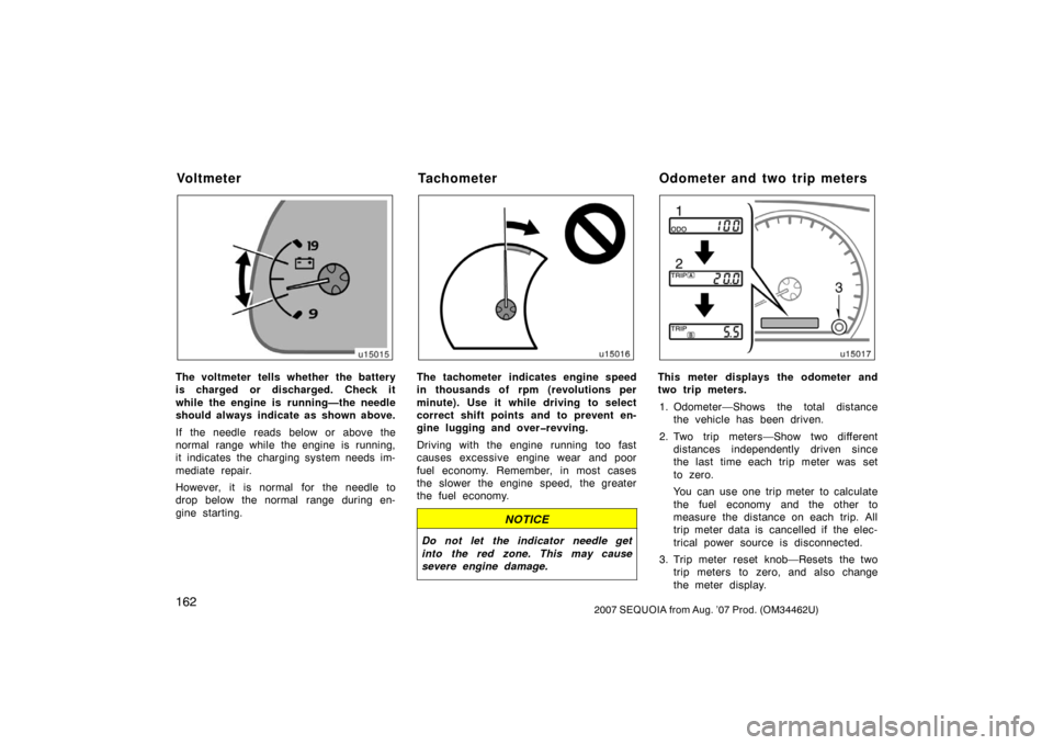 TOYOTA SEQUOIA 2007 1.G Owners Manual 1622007 SEQUOIA from Aug. ’07 Prod. (OM34462U)
u15015
The voltmeter tells whether the battery
is charged or discharged. Check it
while the engine is running—the needle
should always indicate as sh