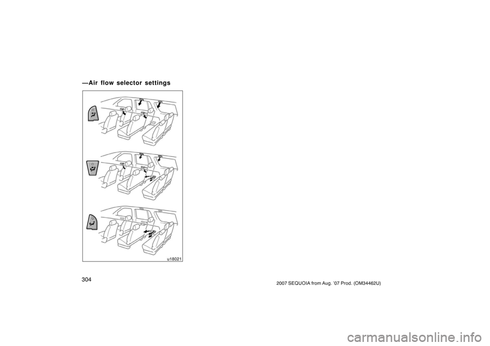 TOYOTA SEQUOIA 2007 1.G Owners Manual 3042007 SEQUOIA from Aug. ’07 Prod. (OM34462U)
u18021
—Air flow selector settings TOYOTA SEQUOIA 2007 1.G Owners Manual 3042007 SEQUOIA from Aug. ’07 Prod. (OM34462U)
u18021
—Air flow selector settings