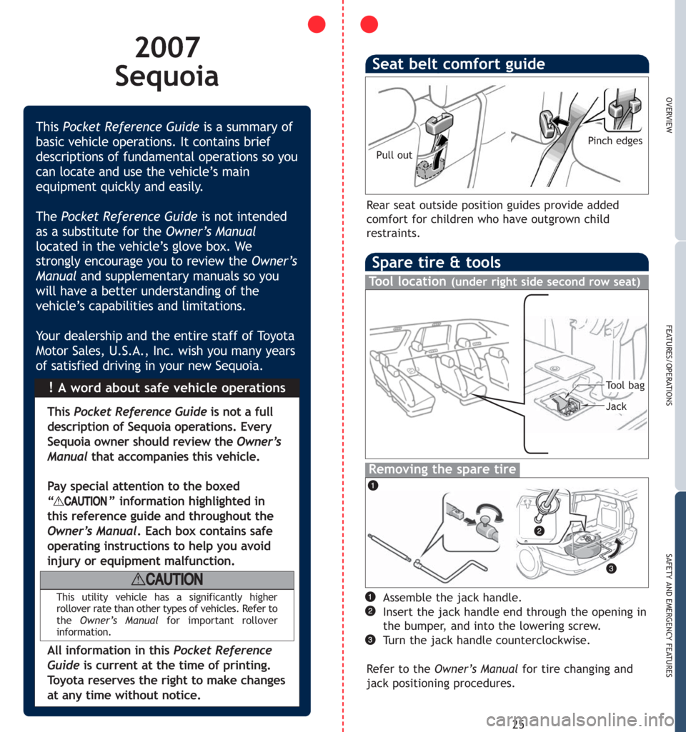 TOYOTA SEQUOIA 2007 1.G Quick Reference Guide Spare tire & tools
Tool location (under right side second row seat)
Removing the spare tire
25
OVERVIEW
FEATURES/OPERATIONS
SAFETY AND EMERGENCY FEATURES
Assemble the jack handle.
Insert the jack hand