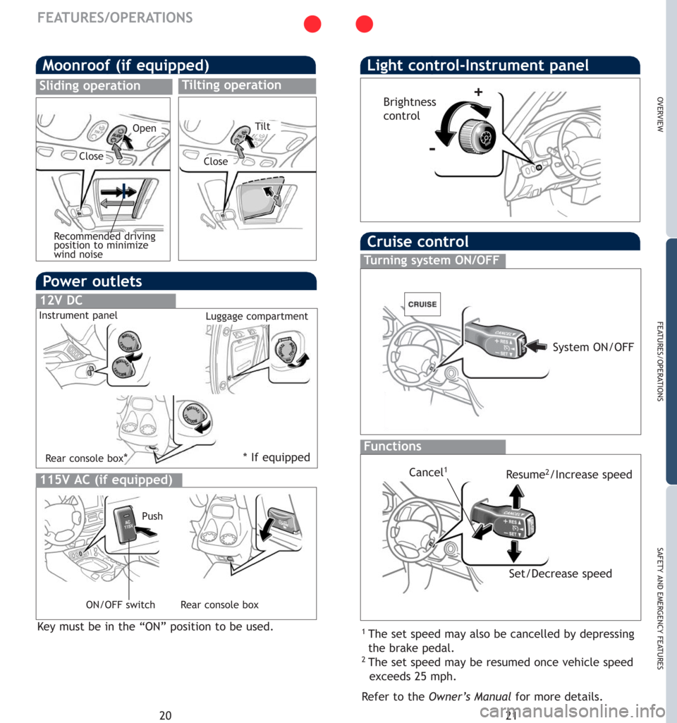TOYOTA SEQUOIA 2007 1.G Quick Reference Guide 21
OVERVIEW
FEATURES/OPERATIONS
SAFETY AND EMERGENCY FEATURES
20
FEATURES/OPERATIONS
Cruise control
1The set speed may also be cancelled by depressing
the brake pedal.
2The set speed may be resumed on TOYOTA SEQUOIA 2007 1.G Quick Reference Guide 21
OVERVIEW
FEATURES/OPERATIONS
SAFETY AND EMERGENCY FEATURES
20
FEATURES/OPERATIONS
Cruise control
1The set speed may also be cancelled by depressing
the brake pedal.
2The set speed may be resumed on