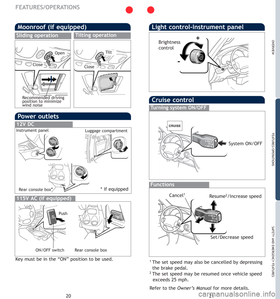 TOYOTA SEQUOIA 2007 1.G Quick Reference Guide 21
OVERVIEW
FEATURES/OPERATIONS
SAFETY AND EMERGENCY FEATURES
20
FEATURES/OPERATIONS
Cruise control
1The set speed may also be cancelled by depressing
the brake pedal.
2The set speed may be resumed on