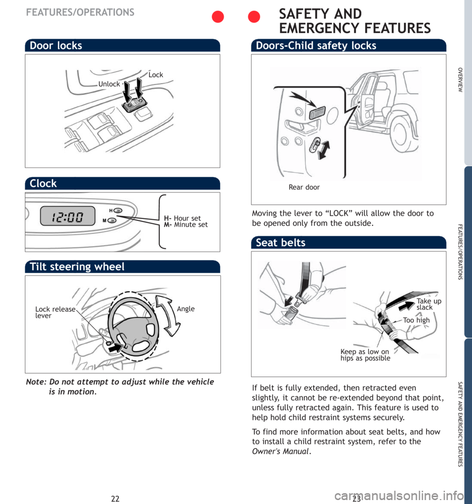 TOYOTA SEQUOIA 2007 1.G Quick Reference Guide 23
OVERVIEW
FEATURES/OPERATIONS
SAFETY AND EMERGENCY FEATURES
22
SAFETY AND
EMERGENCY FEATURES
Moving the lever to “LOCK” will allow the door to
be opened only from the outside.
Doors-Child safet TOYOTA SEQUOIA 2007 1.G Quick Reference Guide 23
OVERVIEW
FEATURES/OPERATIONS
SAFETY AND EMERGENCY FEATURES
22
SAFETY AND
EMERGENCY FEATURES
Moving the lever to “LOCK” will allow the door to
be opened only from the outside.
Doors-Child safet