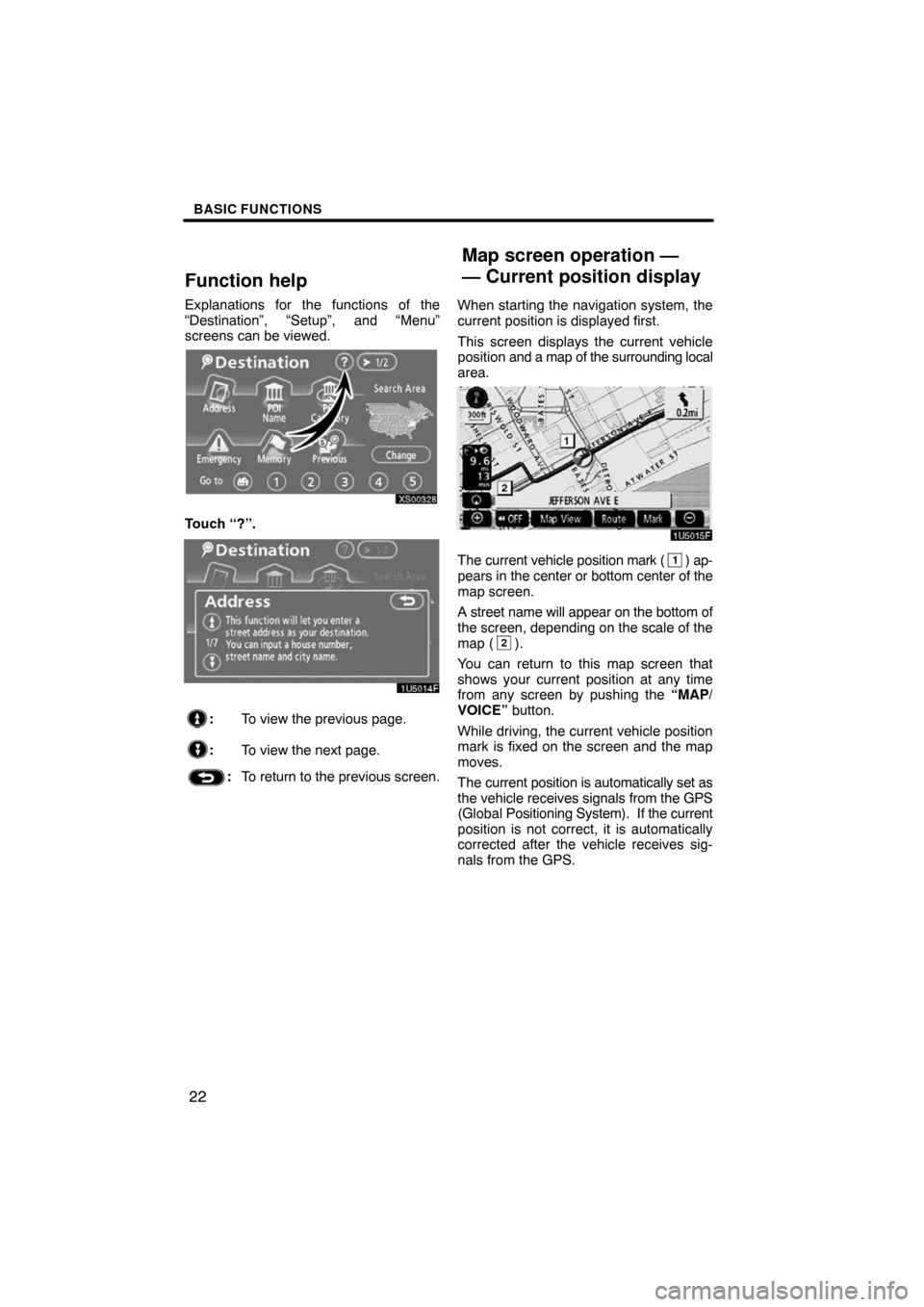 TOYOTA SEQUOIA 2008 2.G Navigation Manual BASIC FUNCTIONS
22
Function help
Explanations for the functions of the
“Destination”, “Setup”, and “Menu”
screens can be viewed.
XS00328
Touch “?”.
1U5014F
:To view the previous page.
