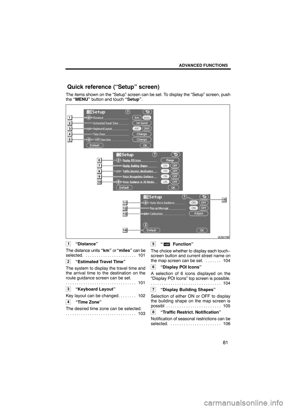 TOYOTA SEQUOIA 2008 2.G Navigation Manual ADVANCED FUNCTIONS
81
The items shown on the “Setup” screen can be set. To display the “Setup” screen, push
the “MENU” button and touch “Setup”.
0U5079X
1“Distance”
The distance un