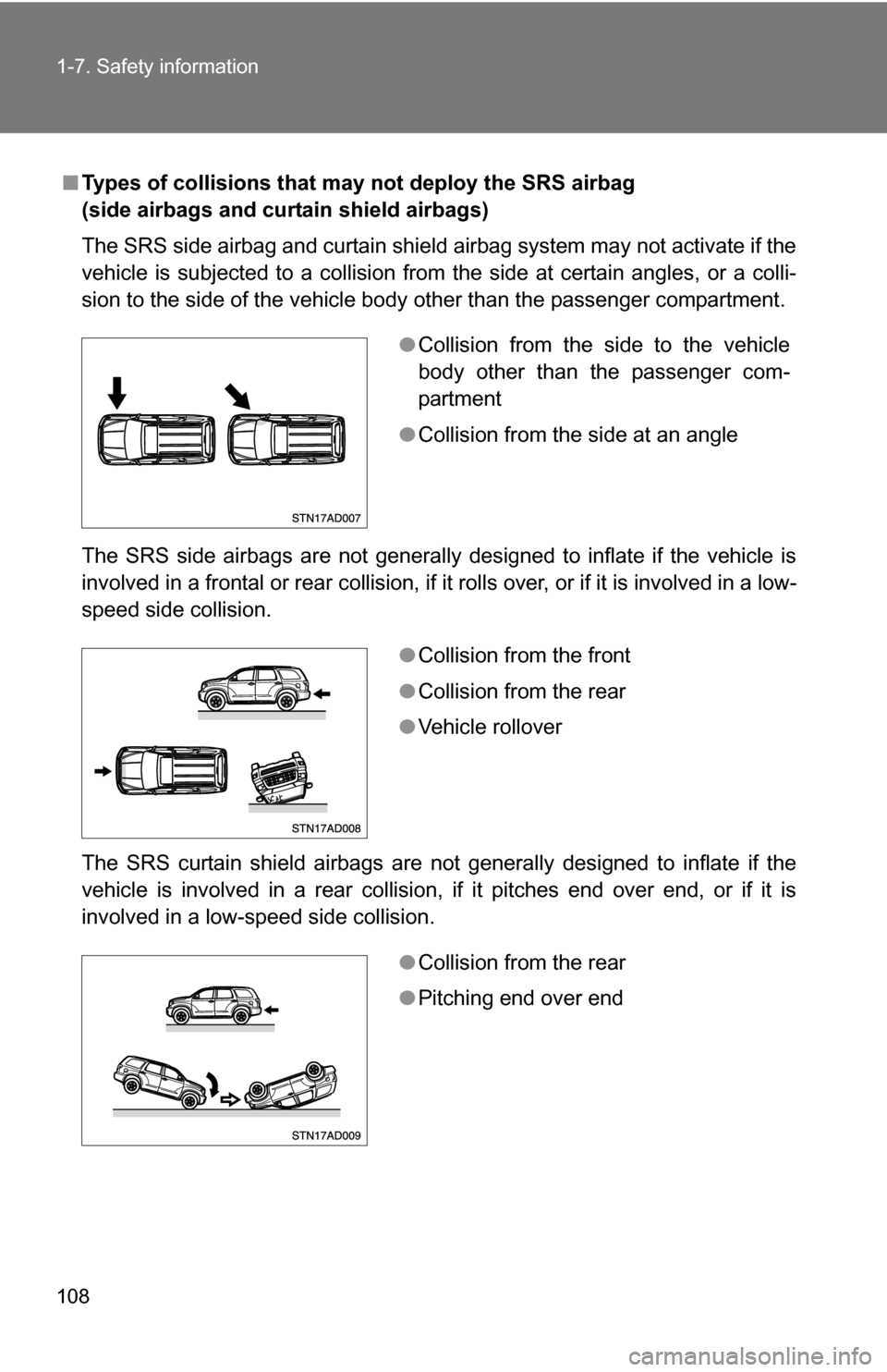 TOYOTA SEQUOIA 2008 2.G Owners Manual 108 1-7. Safety information
■Types of collisions that may not deploy the SRS airbag
(side airbags and curtain shield airbags)
The SRS side airbag and curtain shield airbag system may not activate i TOYOTA SEQUOIA 2008 2.G Owners Manual 108 1-7. Safety information
■Types of collisions that may not deploy the SRS airbag
(side airbags and curtain shield airbags)
The SRS side airbag and curtain shield airbag system may not activate i