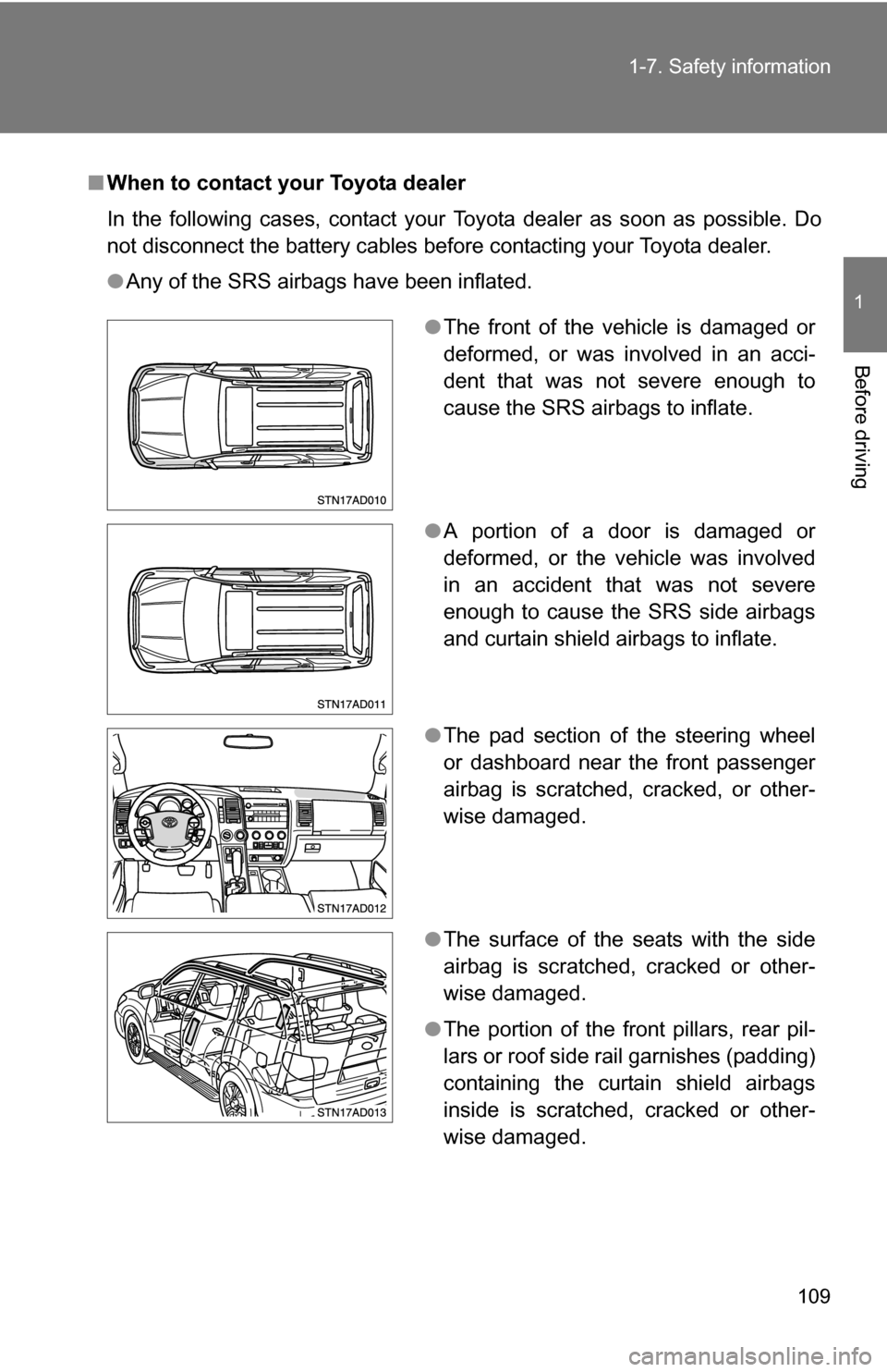 TOYOTA SEQUOIA 2008 2.G Owners Manual 109
1-7. Safety information
1
Before driving
■
When to contact your Toyota dealer
In the following cases, contact your Toyota dealer as soon as possible. Do
not disconnect the battery cables before 