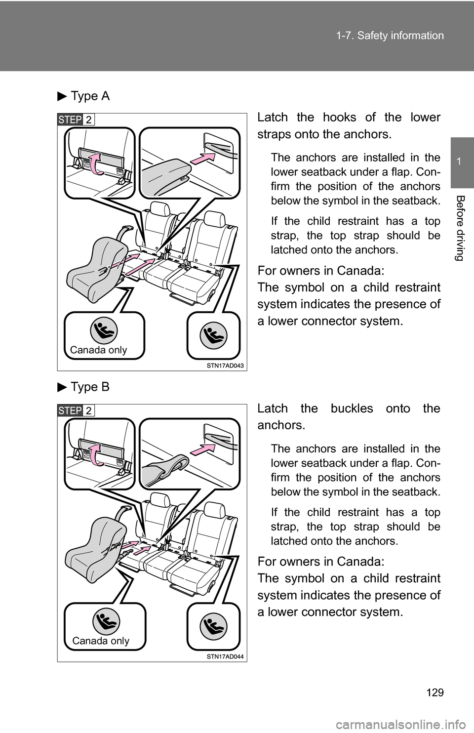 TOYOTA SEQUOIA 2008 2.G Owners Manual 129
1-7. Safety information
1
Before driving
Type A
Latch the hooks of the lower
straps onto the anchors.
The anchors are installed in the
lower seatback under a flap. Con-
firm the position of the an TOYOTA SEQUOIA 2008 2.G Owners Manual 129
1-7. Safety information
1
Before driving
Type A
Latch the hooks of the lower
straps onto the anchors.
The anchors are installed in the
lower seatback under a flap. Con-
firm the position of the an