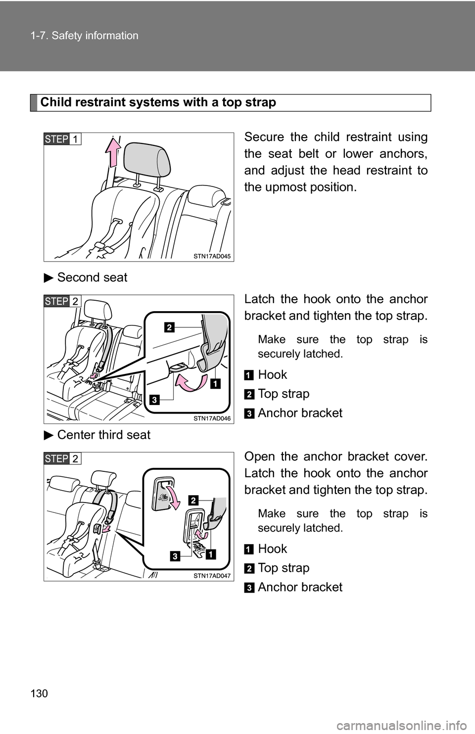TOYOTA SEQUOIA 2008 2.G Owners Manual 130 1-7. Safety information
Child restraint systems with a top strapSecure the child restraint using
the seat belt or lower anchors,
and adjust the head restraint to
the upmost position.
Second seat L TOYOTA SEQUOIA 2008 2.G Owners Manual 130 1-7. Safety information
Child restraint systems with a top strapSecure the child restraint using
the seat belt or lower anchors,
and adjust the head restraint to
the upmost position.
Second seat L