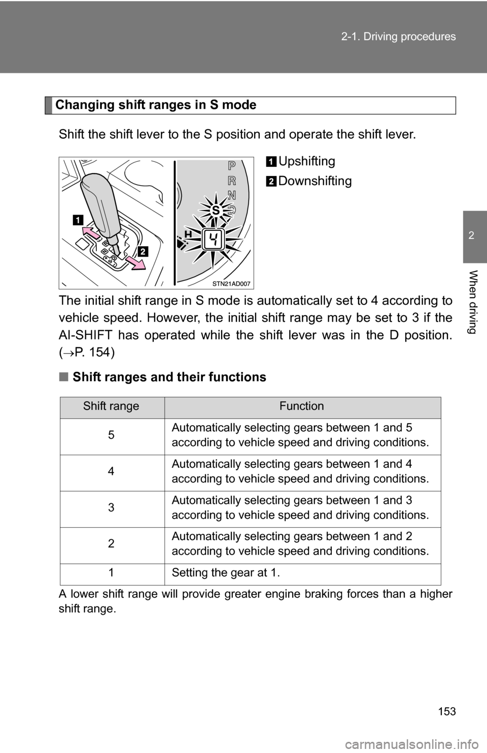 TOYOTA SEQUOIA 2008 2.G Owners Manual 153
2-1. Driving procedures
2
When driving
Changing shift ranges in S mode
Shift the shift lever to the S position and operate the shift lever. Upshifting
Downshifting
The initial shift range in S mod
