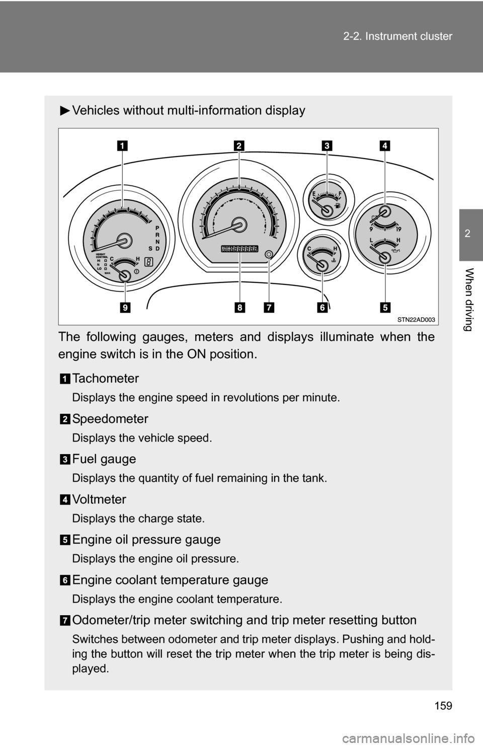 TOYOTA SEQUOIA 2008 2.G Owners Manual 159
2-2. Instrument cluster
2
When driving
Vehicles without multi-information display
The following gauges, meters and displays illuminate when the
engine switch is in the ON position. Tachometer
Disp