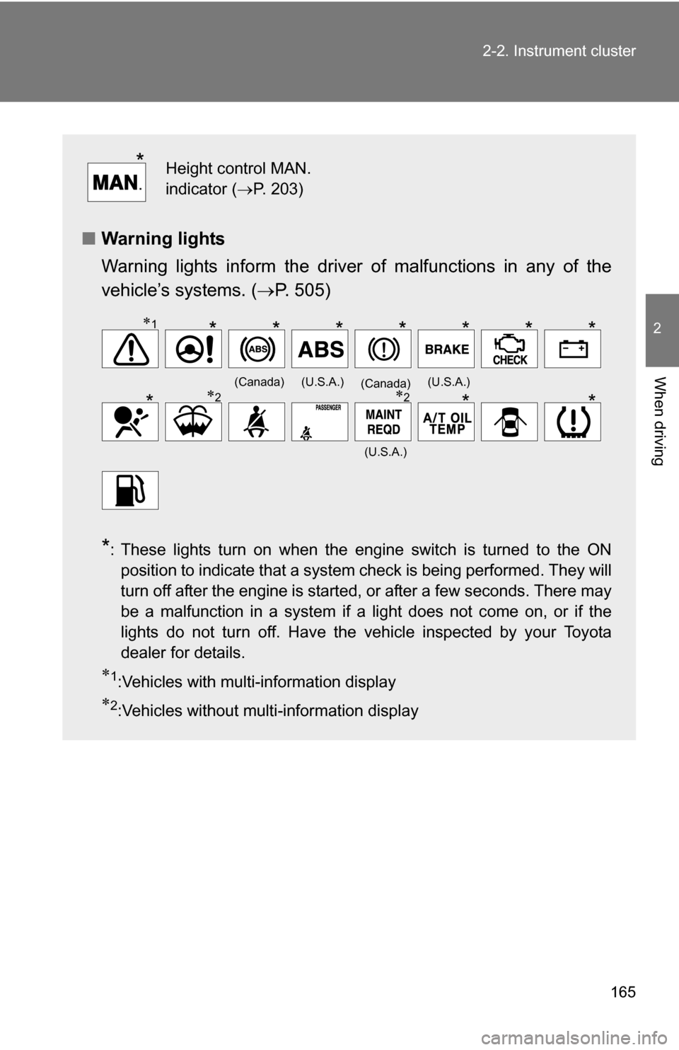 TOYOTA SEQUOIA 2008 2.G Owners Manual 165
2-2. Instrument cluster
2
When driving
■
Warning lights
Warning lights inform the driver of malfunctions in any of the
vehicle’s systems. ( P. 505)
*: These lights turn on when the engine TOYOTA SEQUOIA 2008 2.G Owners Manual 165
2-2. Instrument cluster
2
When driving
■
Warning lights
Warning lights inform the driver of malfunctions in any of the
vehicle’s systems. ( P. 505)
*: These lights turn on when the engine