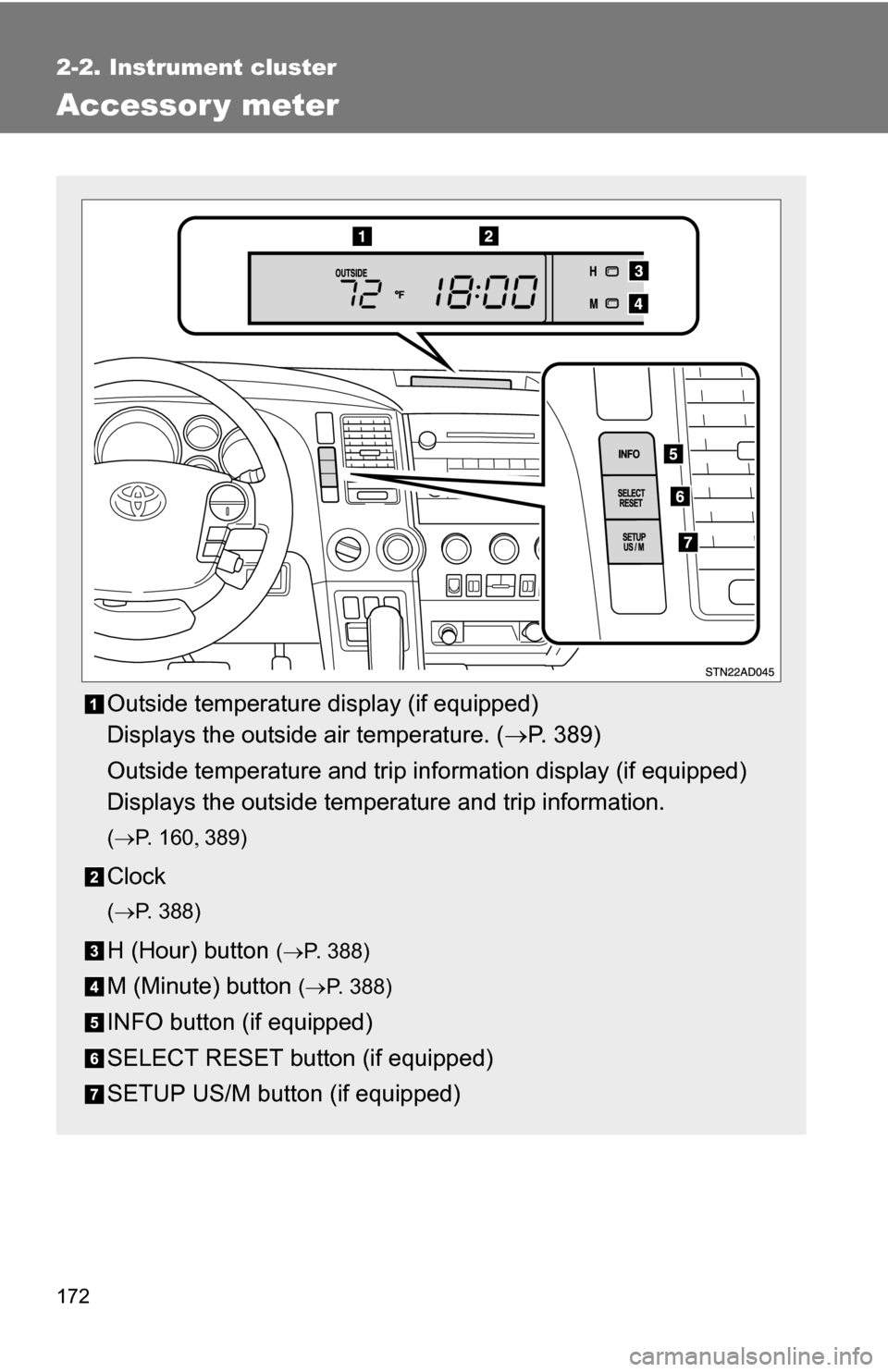 TOYOTA SEQUOIA 2008 2.G Owners Manual 172
2-2. Instrument cluster
Accessor y meter
Outside temperature display (if equipped)
Displays the outside air temperature. (P. 389)
Outside temperature and trip information display (if equipped)
TOYOTA SEQUOIA 2008 2.G Owners Manual 172
2-2. Instrument cluster
Accessor y meter
Outside temperature display (if equipped)
Displays the outside air temperature. (P. 389)
Outside temperature and trip information display (if equipped)