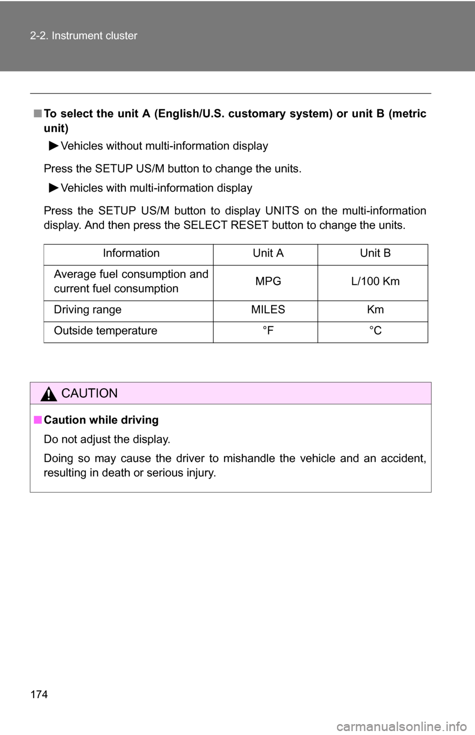 TOYOTA SEQUOIA 2008 2.G Owners Manual 174 2-2. Instrument cluster
■To select the unit A (English/U.S.  customary system) or unit B (metric
unit)
Vehicles without multi-information display
Press the SETUP US/M button to change the units.