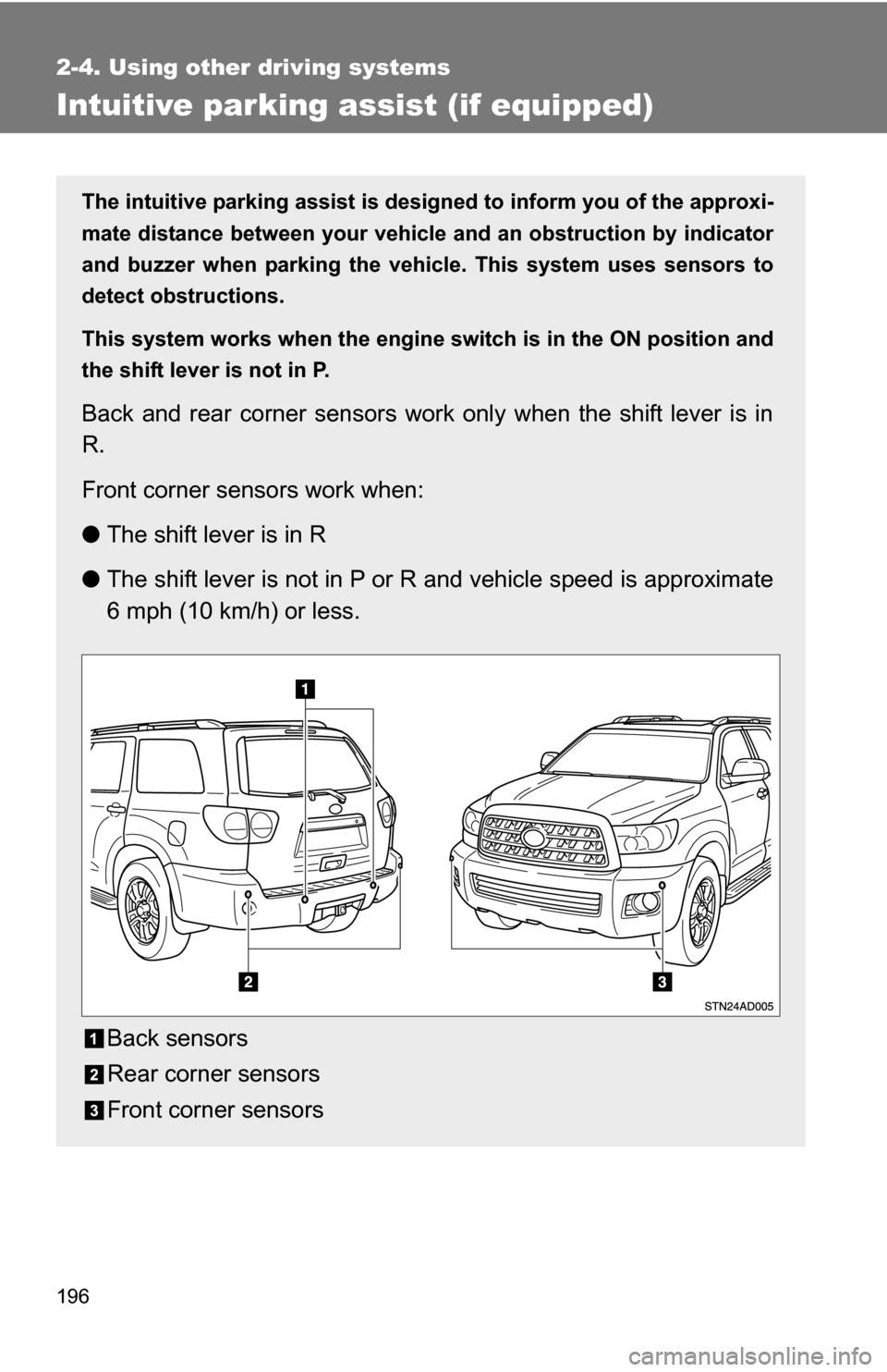 TOYOTA SEQUOIA 2008 2.G User Guide 196
2-4. Using other driving systems
Intuitive parking assist (if equipped)
The intuitive parking assist is designed to inform you of the approxi-
mate distance between your vehicle and an obstructio TOYOTA SEQUOIA 2008 2.G User Guide 196
2-4. Using other driving systems
Intuitive parking assist (if equipped)
The intuitive parking assist is designed to inform you of the approxi-
mate distance between your vehicle and an obstructio