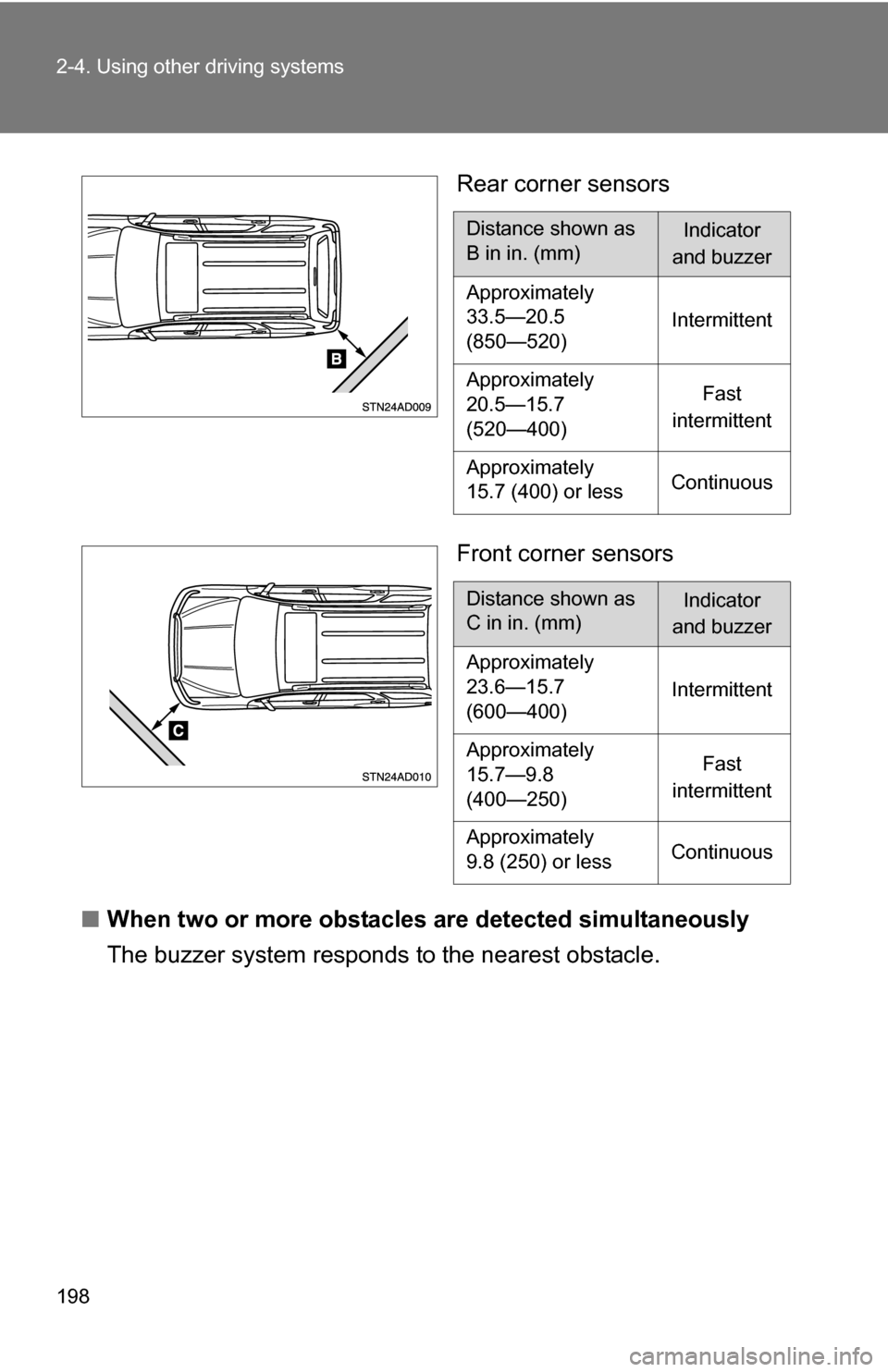 TOYOTA SEQUOIA 2008 2.G User Guide 198 2-4. Using other driving systems
Rear corner sensors
Front corner sensors
■ When two or more obstacles are detected simultaneously
The buzzer system respond s to the nearest obstacle.
Distance TOYOTA SEQUOIA 2008 2.G User Guide 198 2-4. Using other driving systems
Rear corner sensors
Front corner sensors
■ When two or more obstacles are detected simultaneously
The buzzer system respond s to the nearest obstacle.
Distance