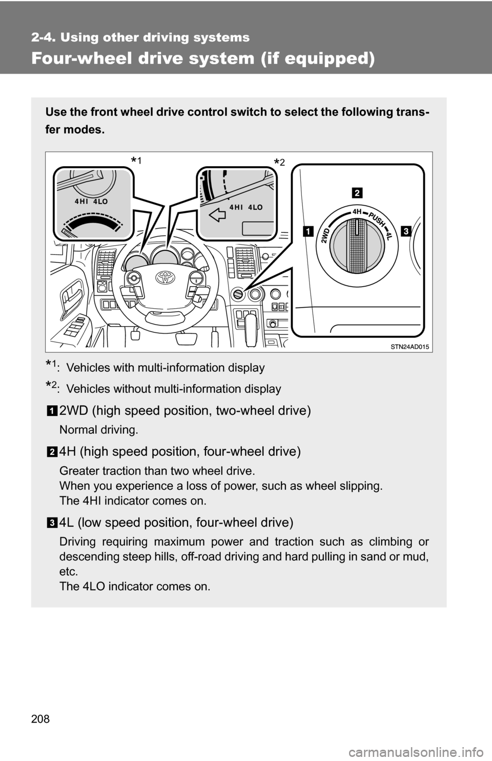 TOYOTA SEQUOIA 2008 2.G Owners Manual 208
2-4. Using other driving systems
Four-wheel drive system (if equipped)
Use the front wheel drive control switch to select the following trans-
fer modes.
*1: Vehicles with multi-information displa