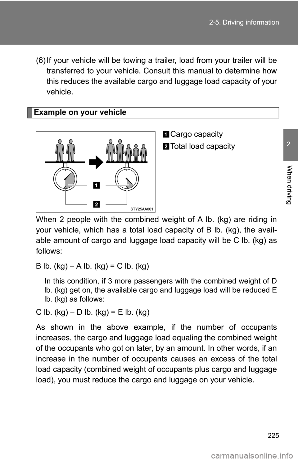 TOYOTA SEQUOIA 2008 2.G Owners Manual 225
2-5. Driving information
2
When driving
(6) If your vehicle will be towing a tr
ailer, load from your trailer will be
transferred to your vehicle. Consult this manual to determine how
this reduces TOYOTA SEQUOIA 2008 2.G Owners Manual 225
2-5. Driving information
2
When driving
(6) If your vehicle will be towing a tr
ailer, load from your trailer will be
transferred to your vehicle. Consult this manual to determine how
this reduces