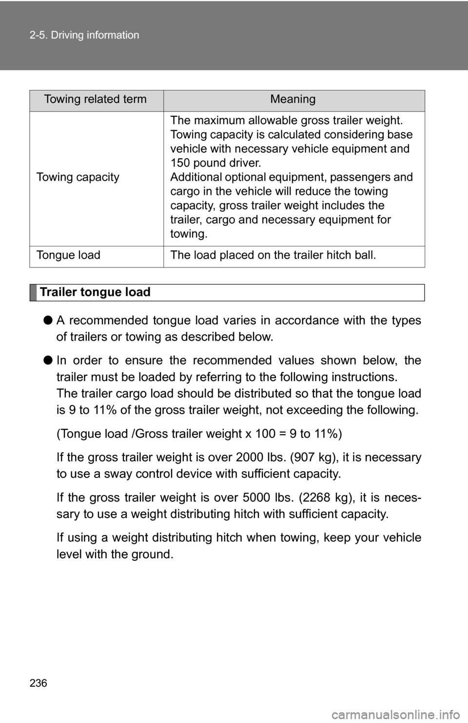 TOYOTA SEQUOIA 2008 2.G Owners Manual 236 2-5. Driving information
Trailer tongue load● A recommended tongue load varies in accordance with the types
of trailers or towing as described below.
● In order to ensure the recommended value