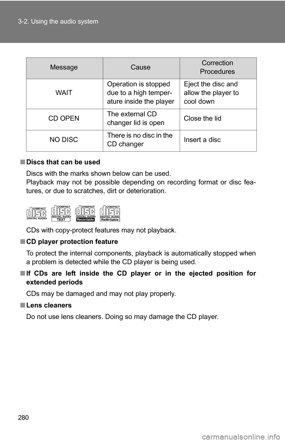 TOYOTA SEQUOIA 2008 2.G Owners Manual 280 3-2. Using the audio system
■Discs that can be used
Discs with the marks shown below can be used.
Playback may not be possible depending on recording format or disc fea-
tures, or due to scratch
