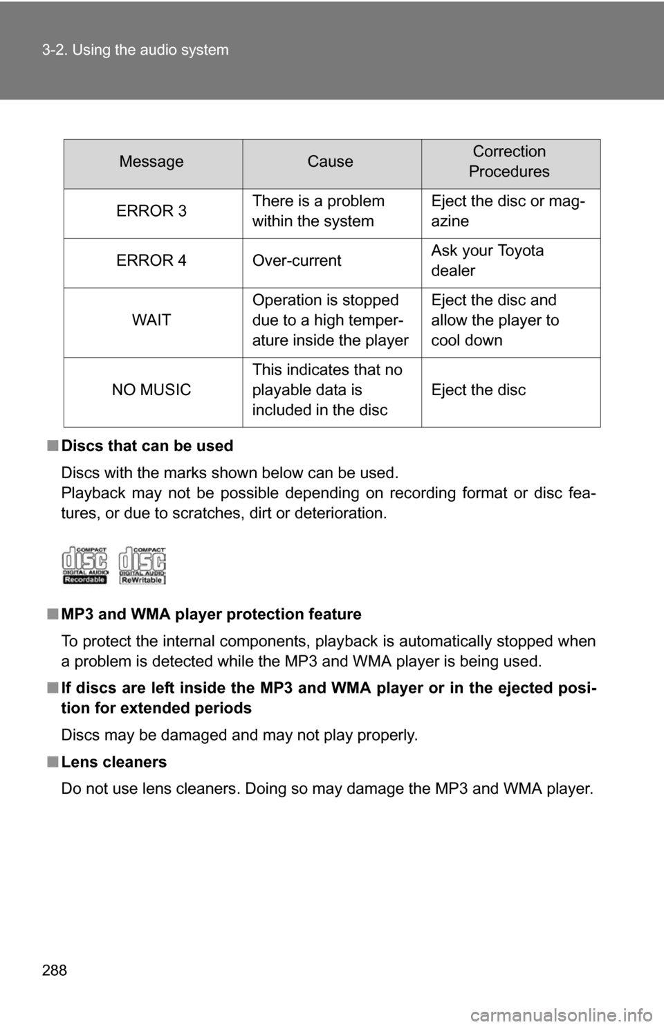 TOYOTA SEQUOIA 2008 2.G Owners Manual 288 3-2. Using the audio system
■Discs that can be used
Discs with the marks shown below can be used.
Playback may not be possible depending on recording format or disc fea-
tures, or due to scratch