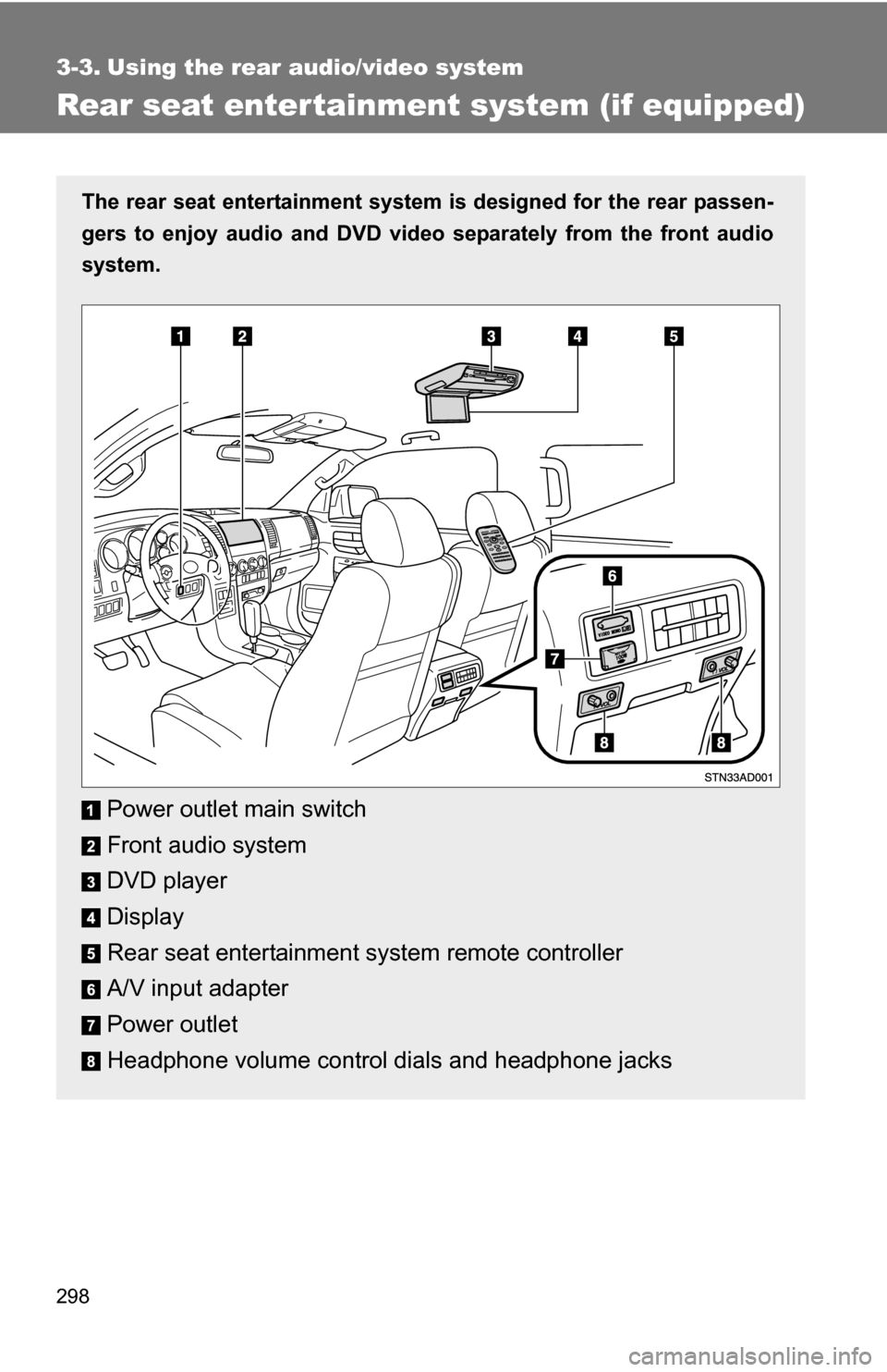 TOYOTA SEQUOIA 2008 2.G Owners Manual 298
3-3. Using the rear audio/video system
Rear seat enter tainment system (if equipped)
The rear seat entertainment system is designed for the rear passen-
gers to enjoy audio and DVD vide o separate