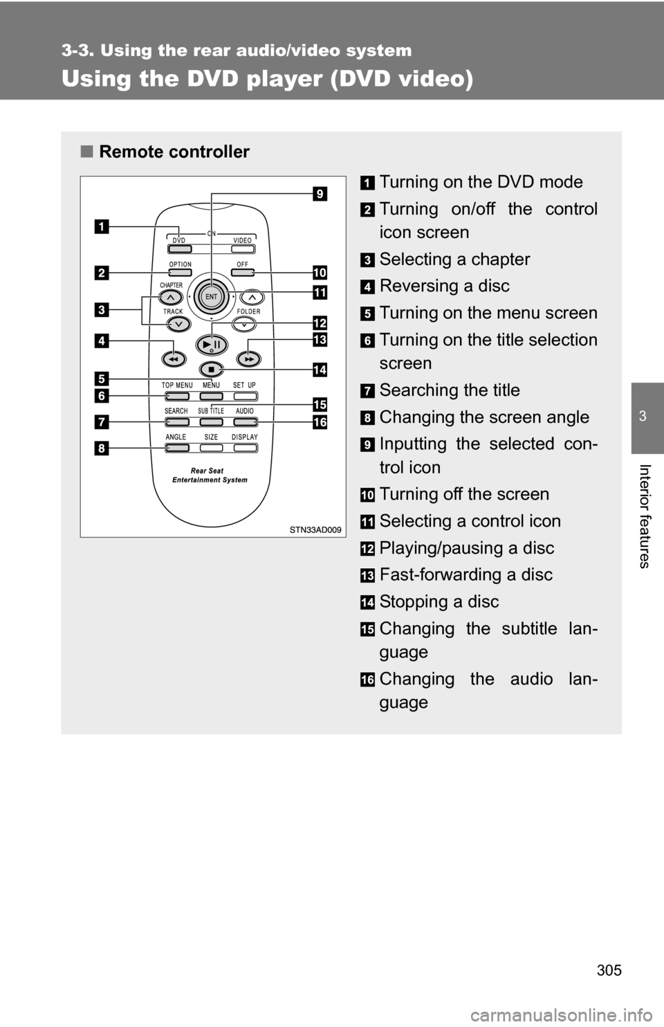 TOYOTA SEQUOIA 2008 2.G Owners Manual 305
3-3. Using the rear audio/video system
3
Interior features
Using the DVD player (DVD video)
■Remote controller
Turning on the DVD mode 
Turning on/off the control
icon screen
Selecting a chapter