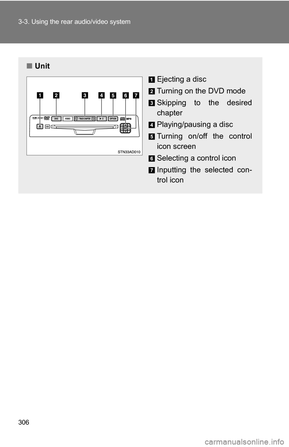TOYOTA SEQUOIA 2008 2.G Owners Manual 306 3-3. Using the rear audio/video system
■Unit
Ejecting a disc
Turning on the DVD mode
Skipping to the desired
chapter
Playing/pausing a disc
Turning on/off the control
icon screen
Selecting a con