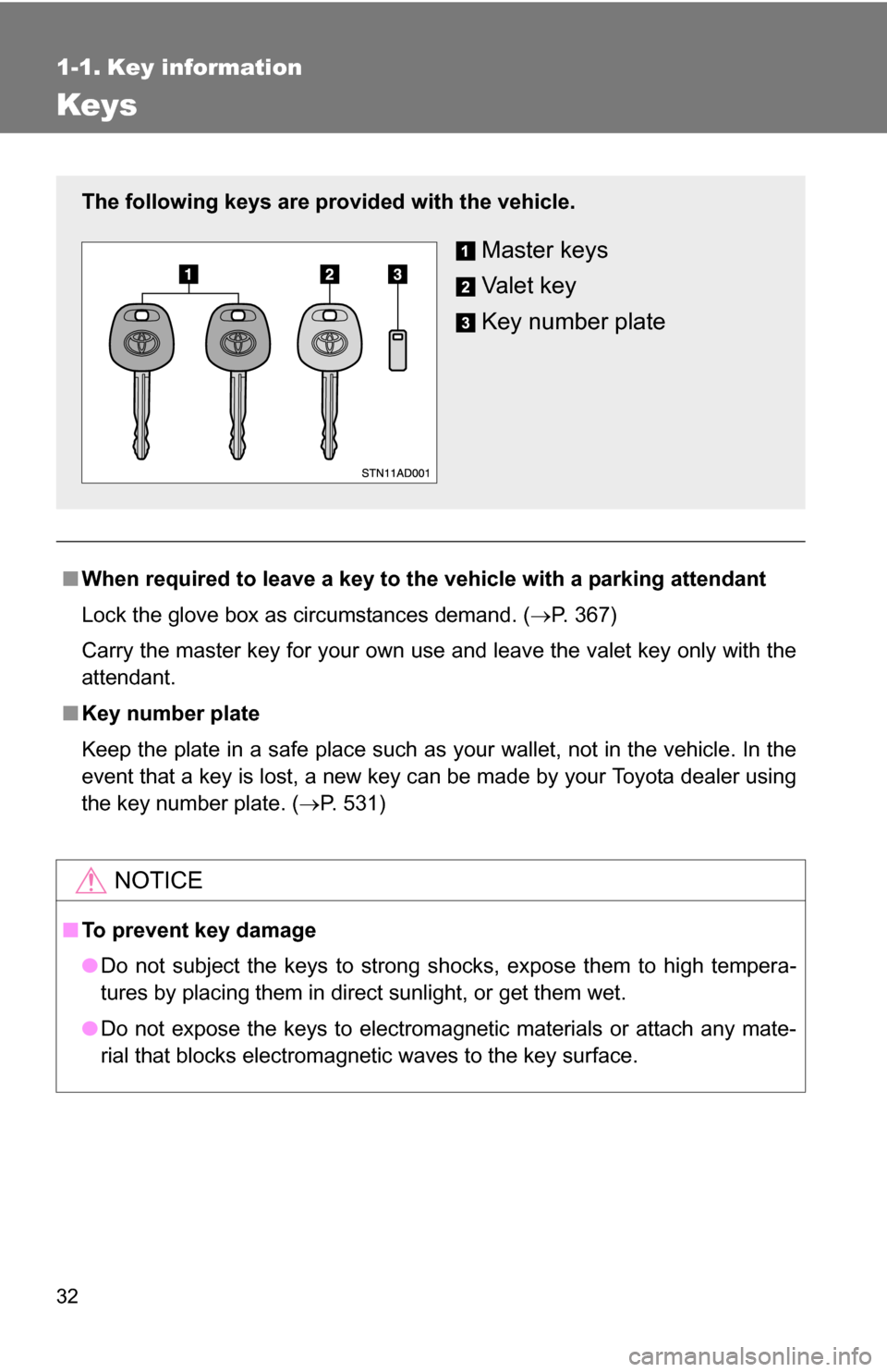 TOYOTA SEQUOIA 2008 2.G Owners Guide 32
1-1. Key information
Keys
■When required to leave a key to the vehicle with a parking attendant
Lock the glove box as circumstances demand. ( P. 367)
Carry the master key for your own use and TOYOTA SEQUOIA 2008 2.G Owners Guide 32
1-1. Key information
Keys
■When required to leave a key to the vehicle with a parking attendant
Lock the glove box as circumstances demand. ( P. 367)
Carry the master key for your own use and