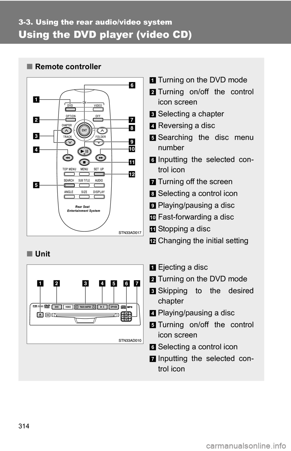 TOYOTA SEQUOIA 2008 2.G Owners Manual 314
3-3. Using the rear audio/video system
Using the DVD player (video CD)
■Remote controller
Turning on the DVD mode
Turning on/off the control
icon screen
Selecting a chapter
Reversing a disc
Sea TOYOTA SEQUOIA 2008 2.G Owners Manual 314
3-3. Using the rear audio/video system
Using the DVD player (video CD)
■Remote controller
Turning on the DVD mode
Turning on/off the control
icon screen
Selecting a chapter
Reversing a disc
Sea