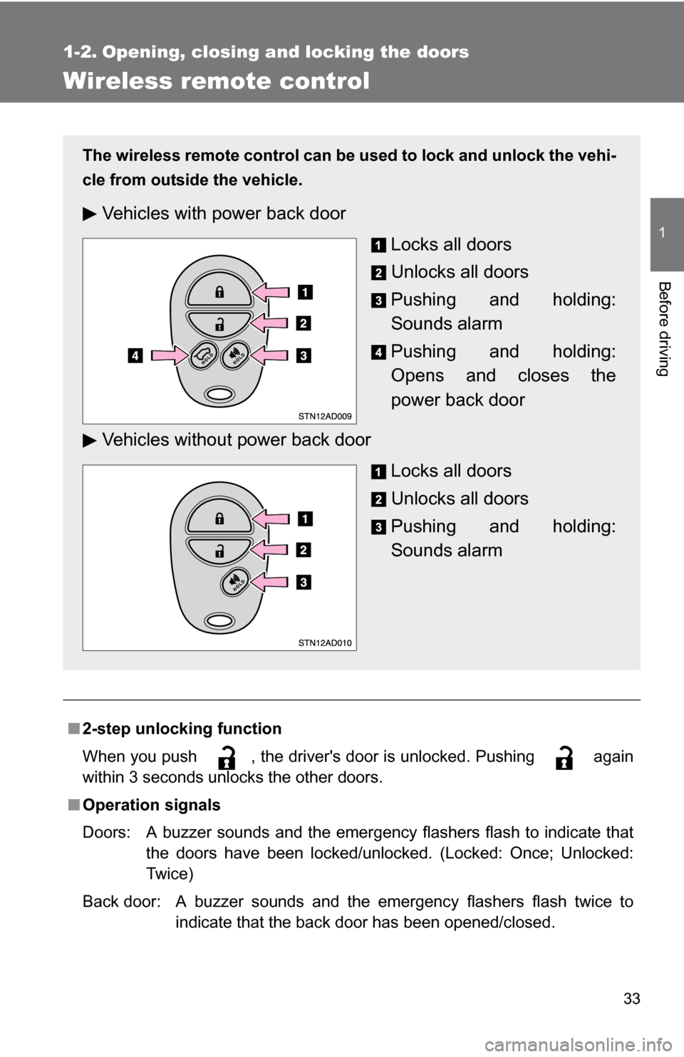 TOYOTA SEQUOIA 2008 2.G Owners Guide 33
1
Before driving
1-2. Opening, closing and locking the doors
Wireless remote control
■2-step unlocking function
When you push , the drivers door is unlocked. Pushing again
within 3 seconds un TOYOTA SEQUOIA 2008 2.G Owners Guide 33
1
Before driving
1-2. Opening, closing and locking the doors
Wireless remote control
■2-step unlocking function
When you push , the drivers door is unlocked. Pushing again
within 3 seconds un