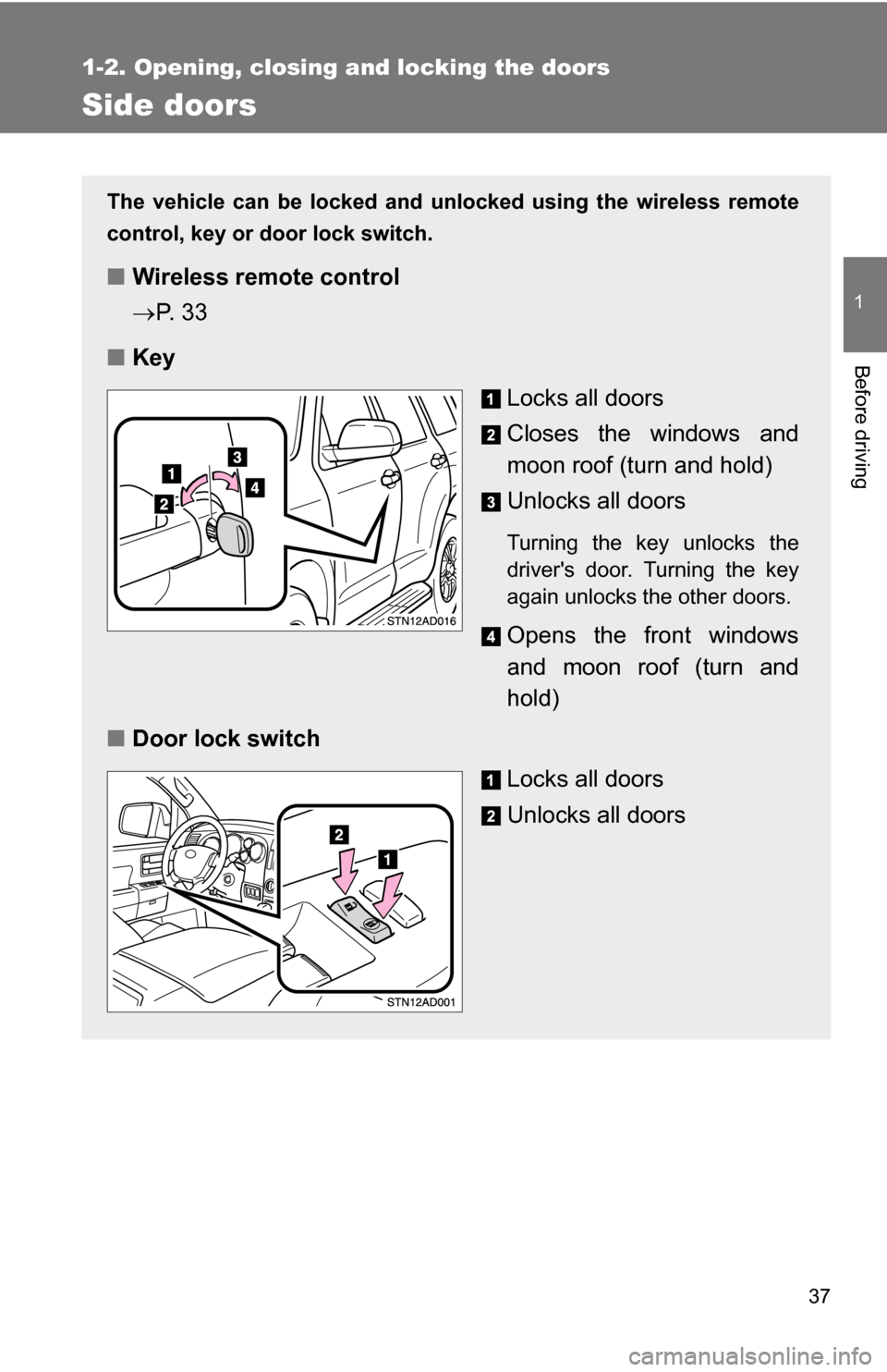 TOYOTA SEQUOIA 2008 2.G Owners Guide 37
1
1-2. Opening, closing and locking the doors
Before driving
Side doors
The vehicle can be locked and unlocked using the wireless remote
control, key or door lock switch.
■Wireless remote control TOYOTA SEQUOIA 2008 2.G Owners Guide 37
1
1-2. Opening, closing and locking the doors
Before driving
Side doors
The vehicle can be locked and unlocked using the wireless remote
control, key or door lock switch.
■Wireless remote control