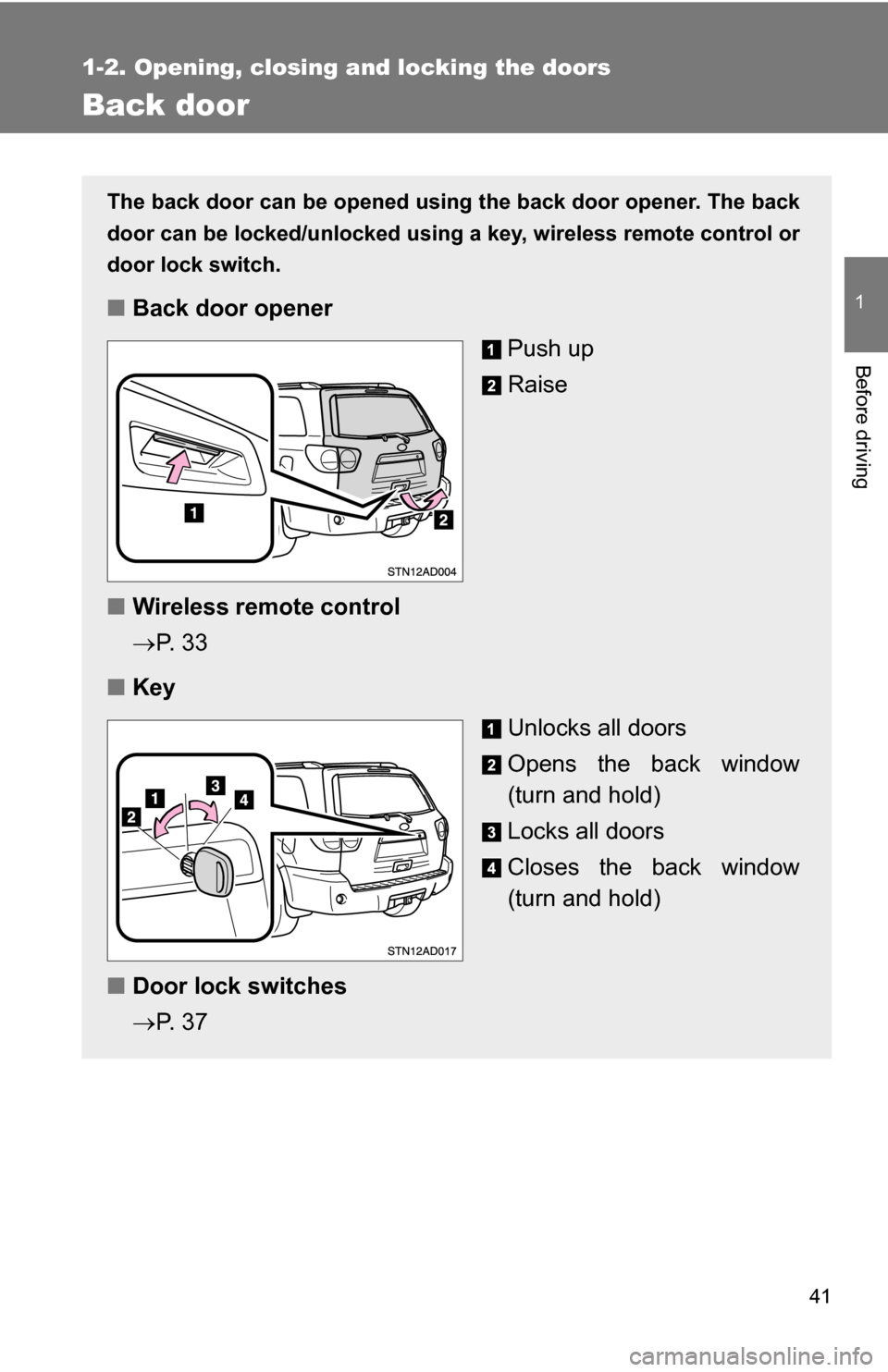 TOYOTA SEQUOIA 2008 2.G Service Manual 41
1
1-2. Opening, closing and locking the doors
Before driving
Back door
The back door can be opened using the back door opener. The back
door can be locked/unlocked using a key, wireless remote cont