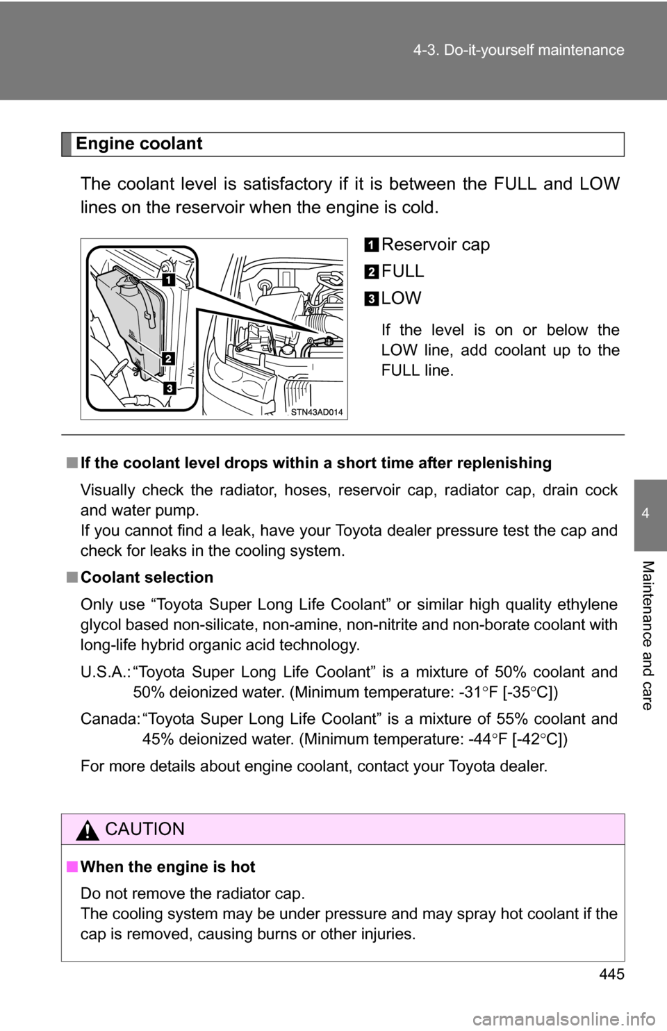 TOYOTA SEQUOIA 2008 2.G Owners Manual 445
4-3. Do-it-yourself maintenance
4
Maintenance and care
Engine coolant
The coolant level is satisfactory if  it is between the FULL and LOW
lines on the reservoir when the engine is cold.
Reservoir