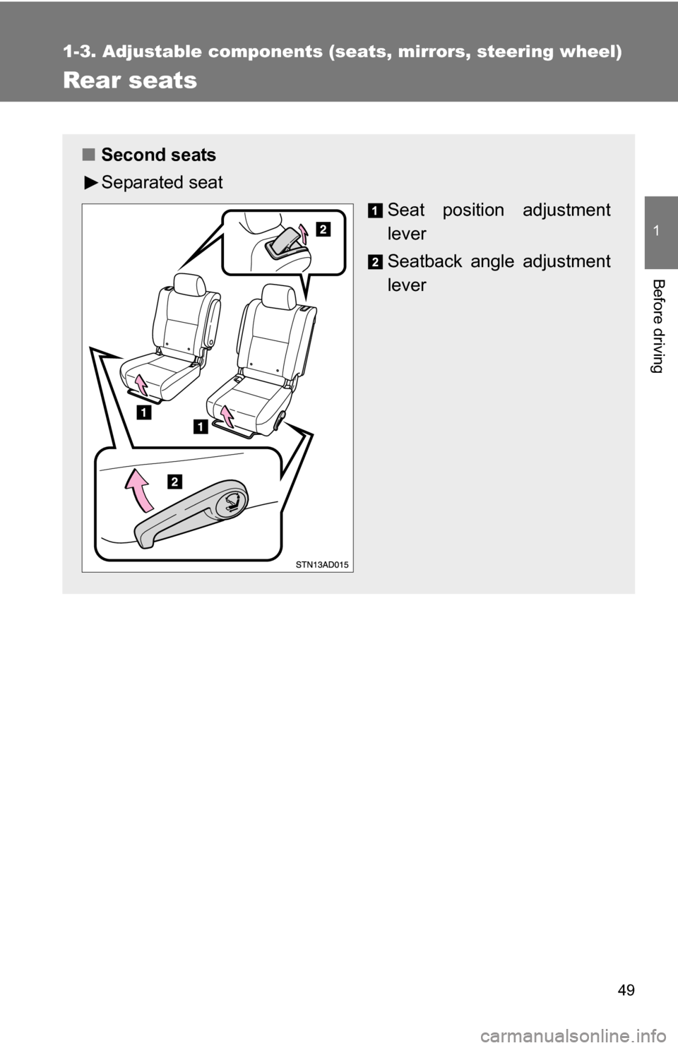 TOYOTA SEQUOIA 2008 2.G Service Manual 49
1
1-3. Adjustable components (seats, mirrors, steering wheel)
Before driving
Rear seats
■Second seats
Separated seat
Seat position adjustment
lever
Seatback angle adjustment
lever 