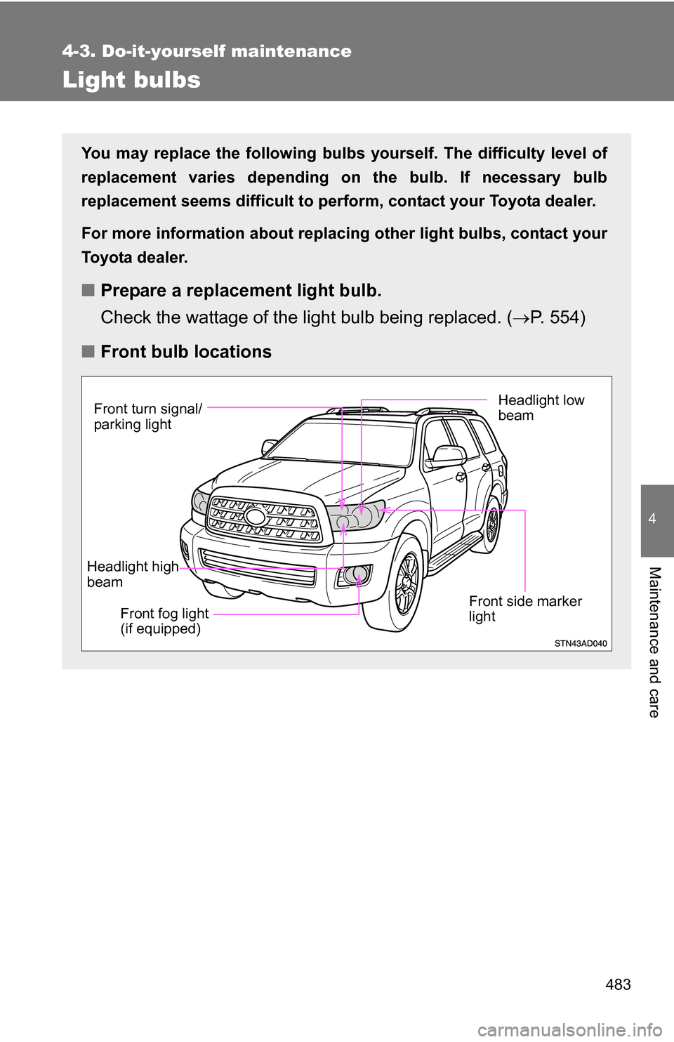 TOYOTA SEQUOIA 2008 2.G Owners Manual 483
4-3. Do-it-yourself maintenance
4
Maintenance and care
Light bulbs
You may replace the following bulbs yourself. The difficulty level of
replacement varies depending on the bulb. If necessary bulb